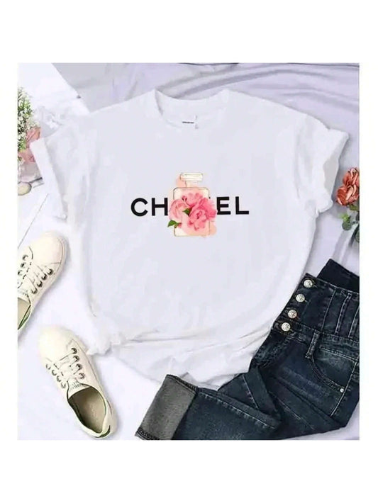 Women's Summer Cotton T-Shirt Alphabet Flower Perfume Shirt Fashion Printed Pattern T-Shirt Brand High Quality Short Sleeve Top White