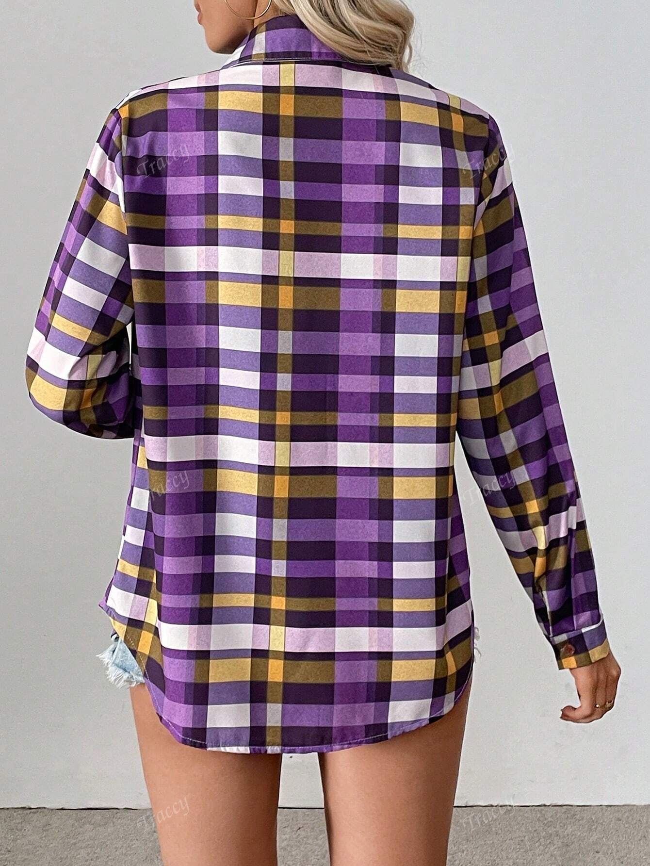 Long Sleeve Plaid Print Lapel Front Button Pocket Shirt Mauve Purple