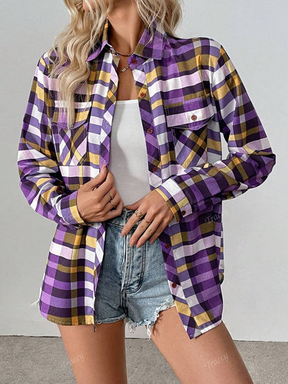 Long Sleeve Plaid Print Lapel Front Button Pocket Shirt Mauve Purple