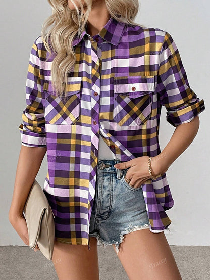 Long Sleeve Plaid Print Lapel Front Button Pocket Shirt Mauve Purple