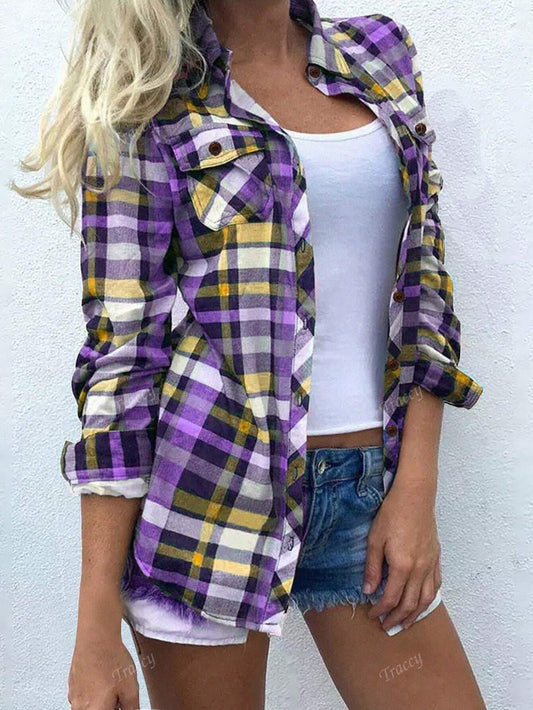 Long Sleeve Plaid Print Lapel Front Button Pocket Shirt Mauve Purple