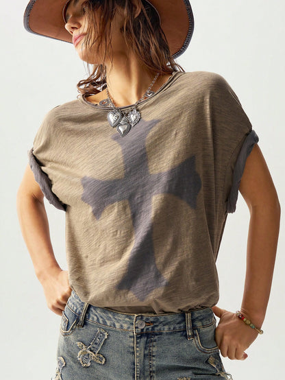 Bohemela Classic Solid Knit Round Neck Loose Wash Women Short Sleeve T-Shirt Army Green