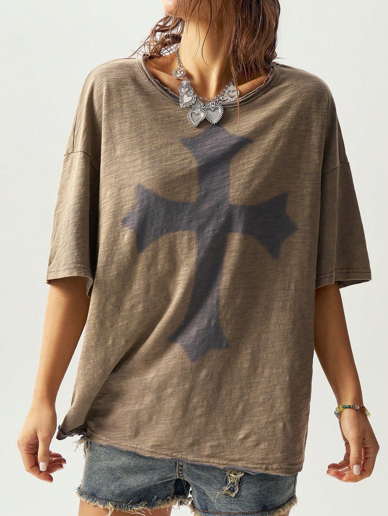 Bohemela Classic Solid Knit Round Neck Loose Wash Women Short Sleeve T-Shirt Army Green