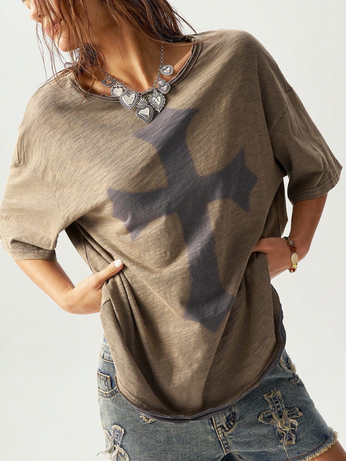 Bohemela Classic Solid Knit Round Neck Loose Wash Women Short Sleeve T-Shirt Army Green