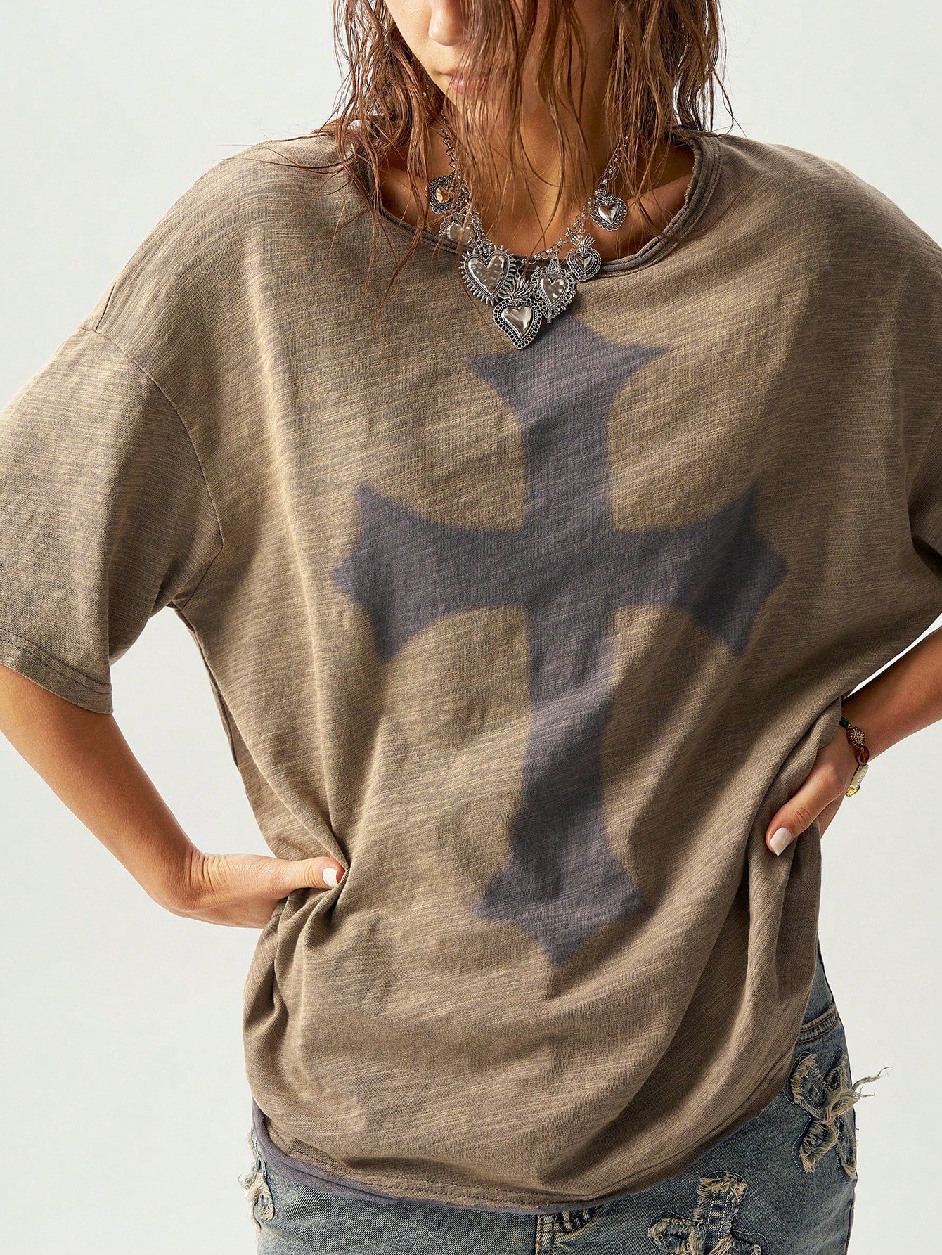 Bohemela Classic Solid Knit Round Neck Loose Wash Women Short Sleeve T-Shirt Army Green