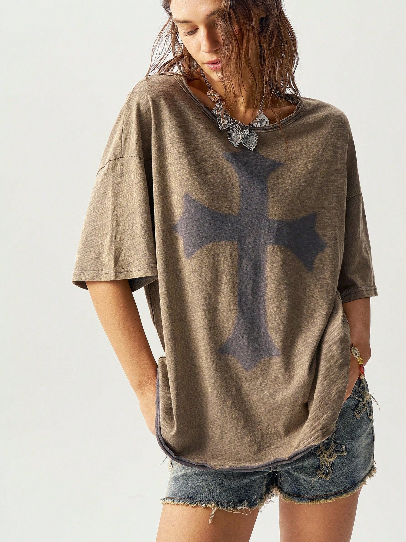 Bohemela Classic Solid Knit Round Neck Loose Wash Women Short Sleeve T-Shirt Army Green
