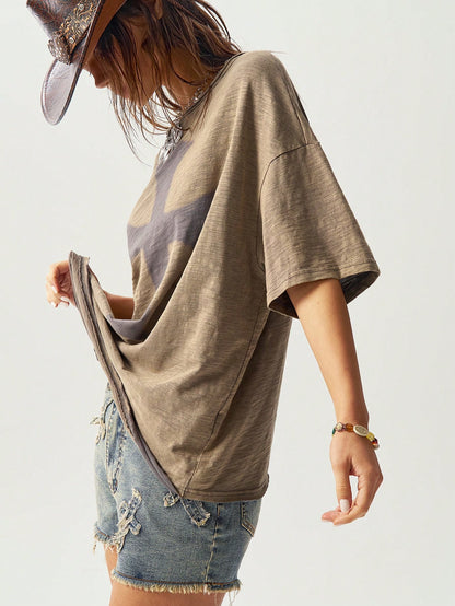 Bohemela Classic Solid Knit Round Neck Loose Wash Women Short Sleeve T-Shirt Army Green