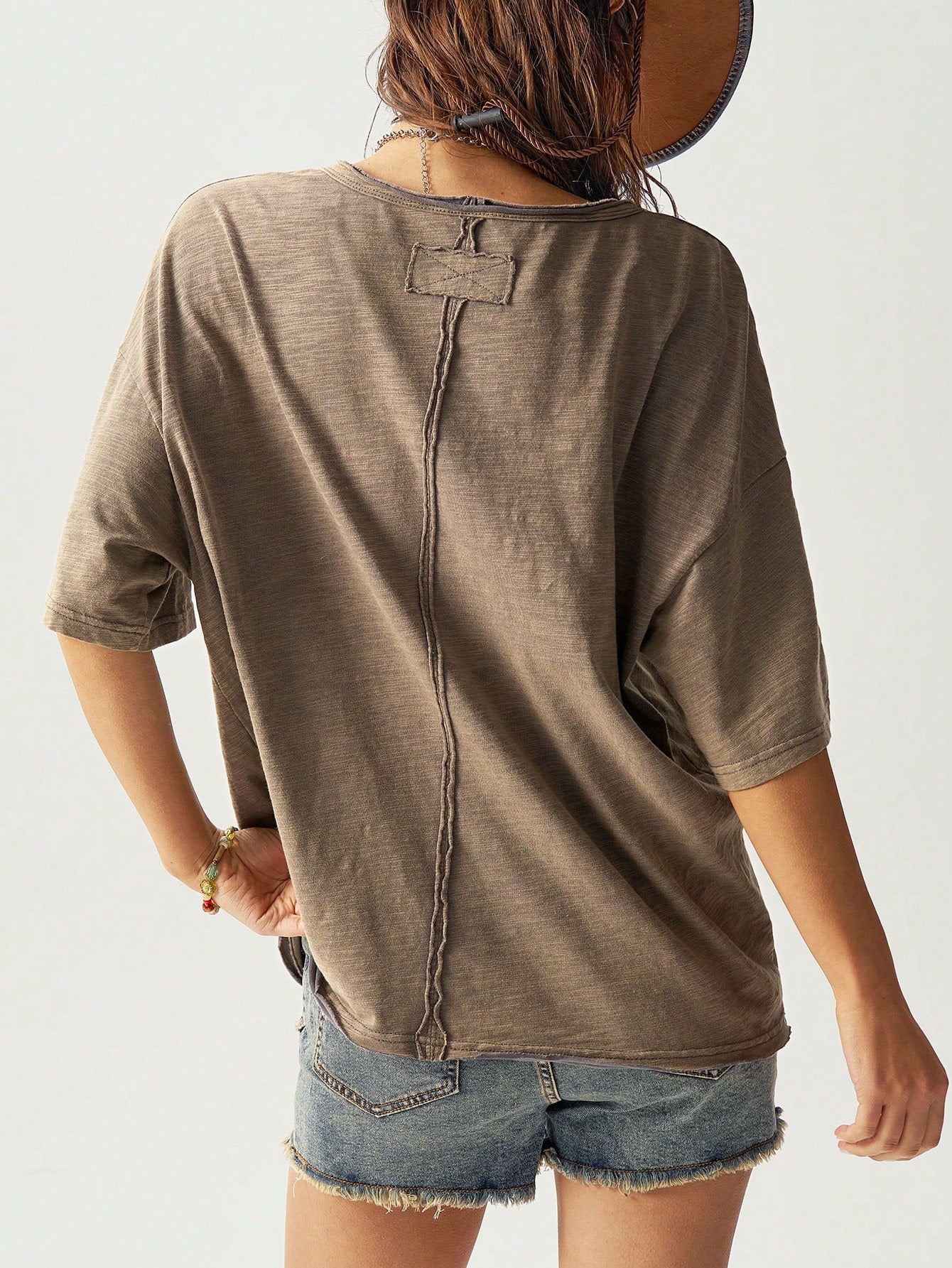 Bohemela Classic Solid Knit Round Neck Loose Wash Women Short Sleeve T-Shirt Army Green
