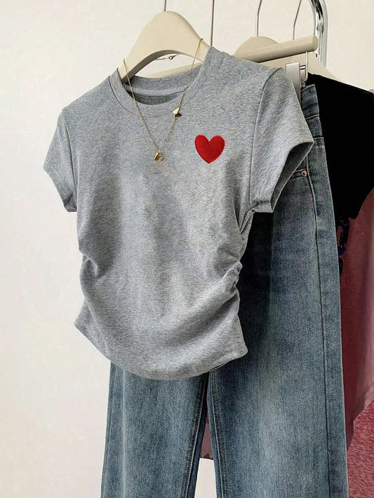 INAWLY Women Heart Print Round Neck Short Sleeve Casual T-Shirt With Side Ruffle Grey