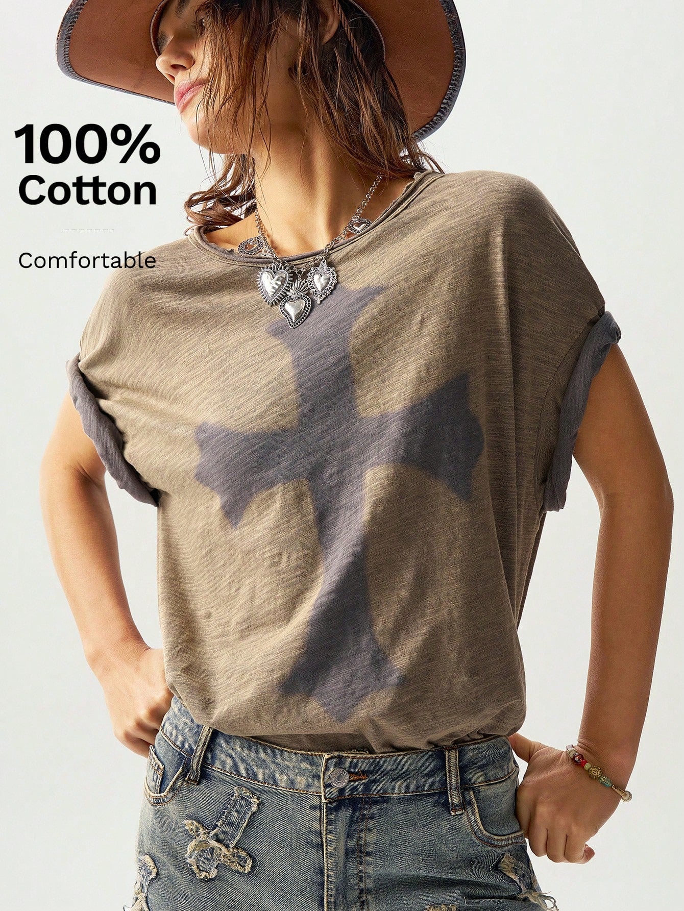 Bohemela Classic Solid Knit Round Neck Loose Wash Women Short Sleeve T-Shirt Army Green