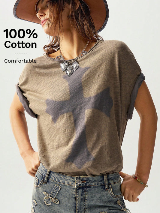 Bohemela Classic Solid Knit Round Neck Loose Wash Women Short Sleeve T-Shirt Army Green
