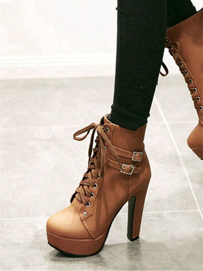 Women's Chunky Heel Short Boots, Waterproof Platform, High Heel, Lace-up Motorcycle Boots Brown